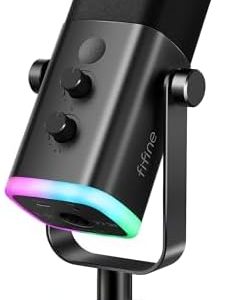 FIFINE USB/XLR Dynamic Microphone for Podcast Recording, PC Computer Gaming Streaming Mic with RGB Light, Mute Button, Headphones Jack, Desktop Stand, Vocal Mic for Singing YouTube-AmpliGame AM8